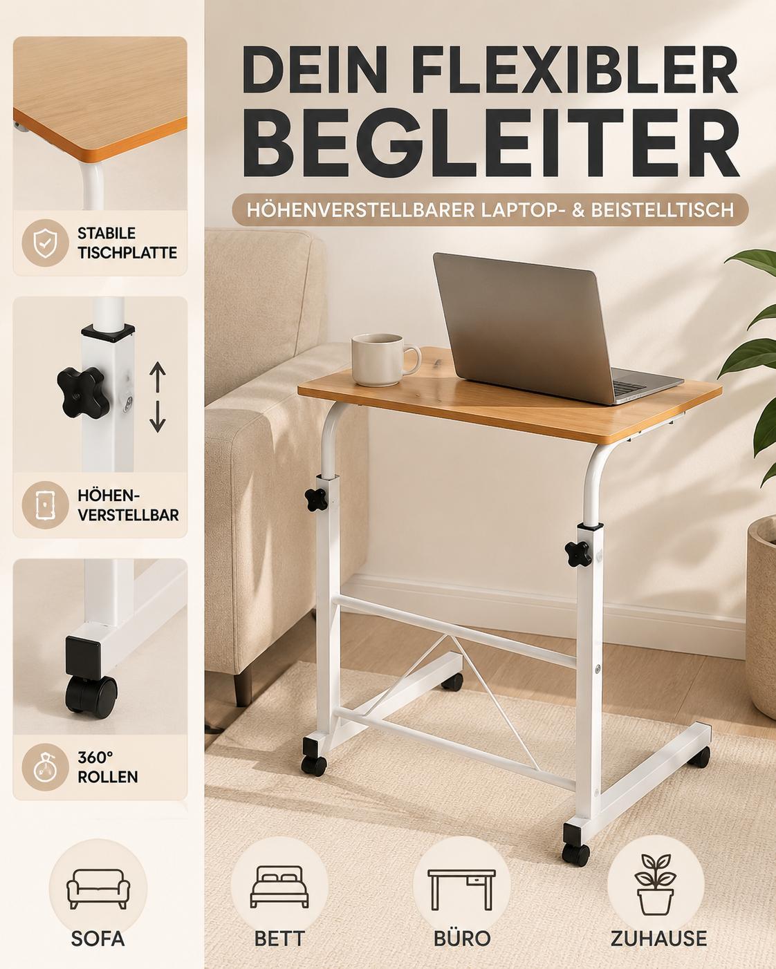 Laptoptisch Mobiler Schreibtisch Höhenverstellbar Beistelltisch 60x40cm Computertisch Notebooktisch mit Rollen Arbeitstisch Schreibtisch YaLiva_Decor®