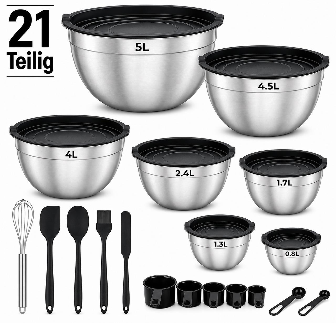 Salatschüssel Set 7 Stück Edelstahl Schüsseln mit Deckel 21 Teilig Rührschüssel Küchenschüssel Set mit Zubehör Kochschüssel YaLiva_Decor®