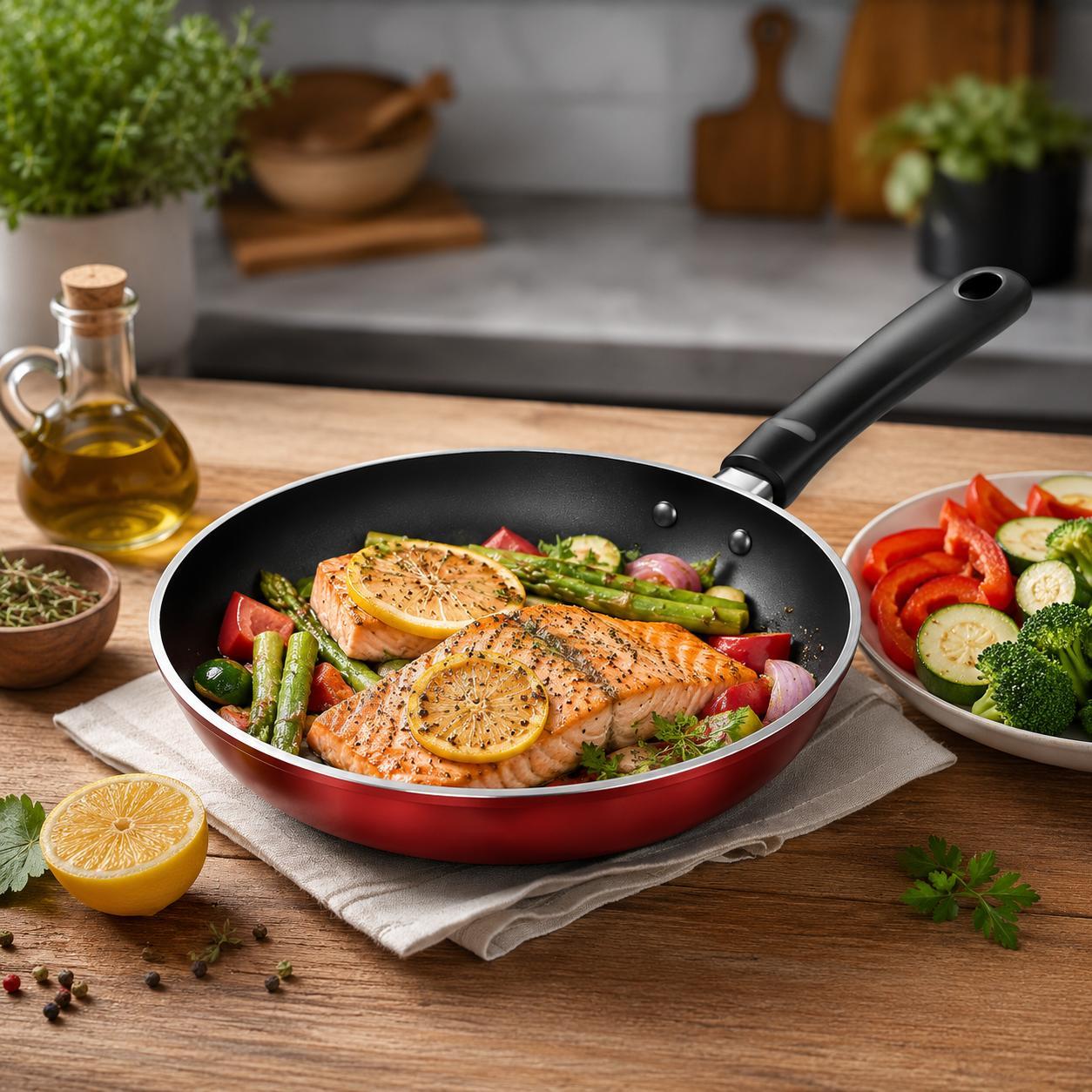 Pfanne Bratpfanne 24 cm Gusseisen Antihaft Induktionspfanne Gasherd Küchenpfanne Ø 24 cm Leichte Reinigung Rot Universalpfanne YaLiva_Decor®