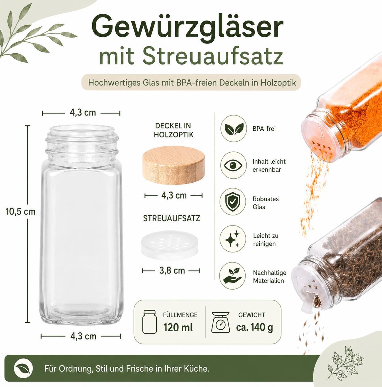 Gewürzgläser Set 12 Stück 120ml mit Deckel Gewürzbehälter Bambus Gewürzstreuer Set mit Aufklebern Marker Trichter Gewürzmühle YaLiva_Decor®