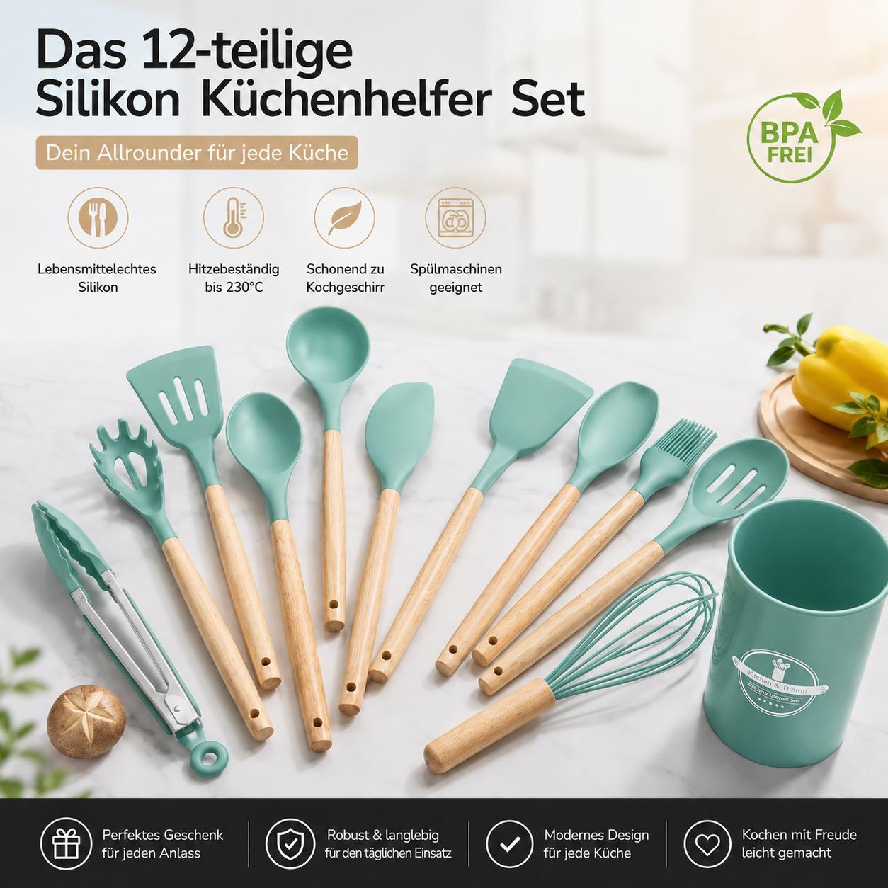 Küchenhelfer Set 12 Stück Küchenutensilien Kochbesteck Hitzebeständig Türkis 12 Teilig Küchenzubehör Spachtel Schneebesen Pinsel YaLiva_Decor®