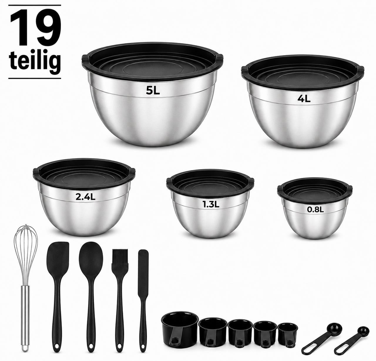 Salatschüssel Set 5 Stück Edelstahl Schüssel mit Deckel 19 Teilig Rührschüsseln Set Küchenschüsseln Schüsseln mit Zubehör YaLiva_Decor®