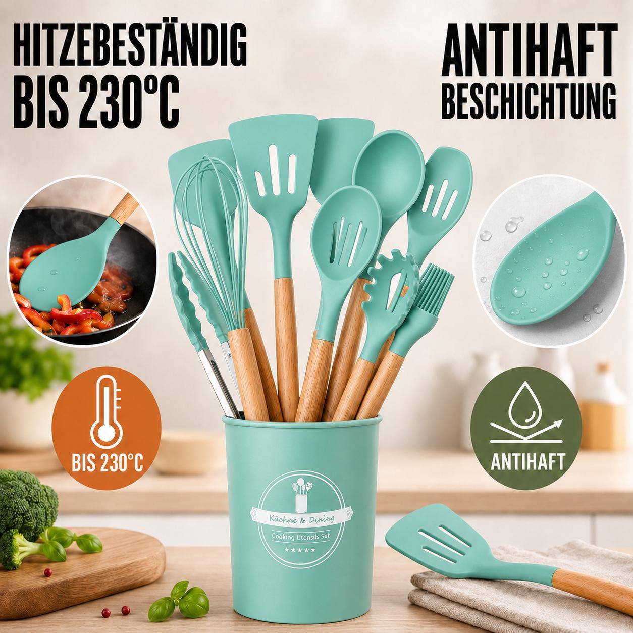 Küchenhelfer Set 12 Stück Küchenutensilien Kochbesteck Hitzebeständig Türkis 12 Teilig Küchenzubehör Spachtel Schneebesen Pinsel YaLiva_Decor®