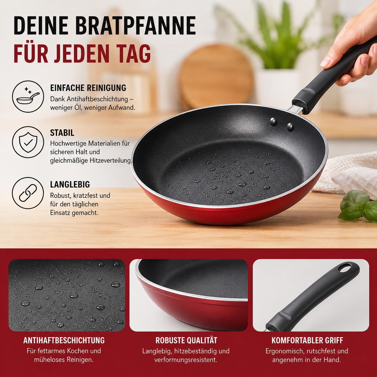 Pfanne Bratpfanne 24 cm Gusseisen Antihaft Induktionspfanne Gasherd Küchenpfanne Ø 24 cm Leichte Reinigung Rot Universalpfanne YaLiva_Decor®