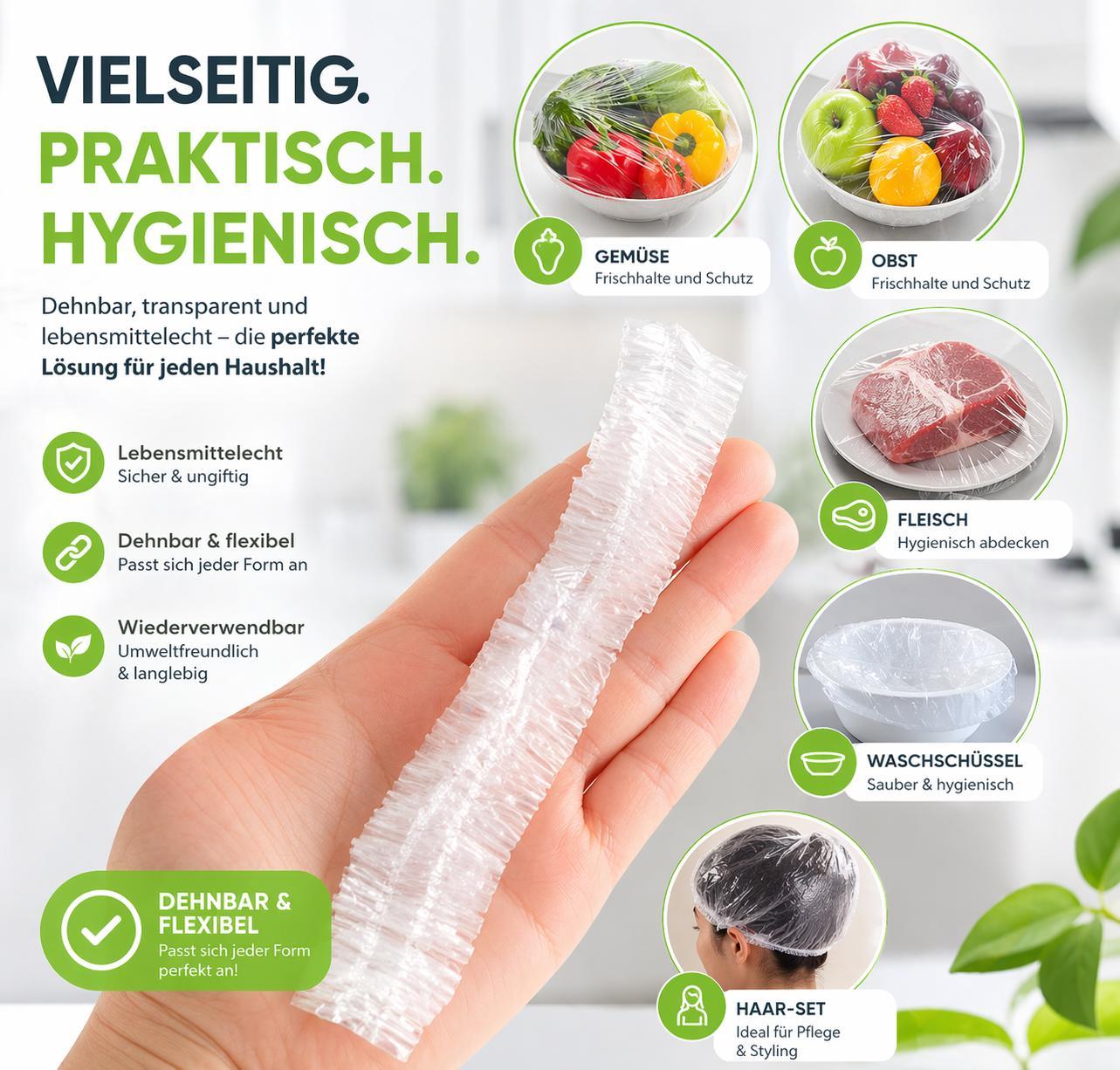 Frischhaltefolie mit Gummizug 200 Stück Elastische Frischhaltefolie Abdeckhauben Duschhauben Stretch Lebensmittel Abdeckung Schüsselabdeckungen