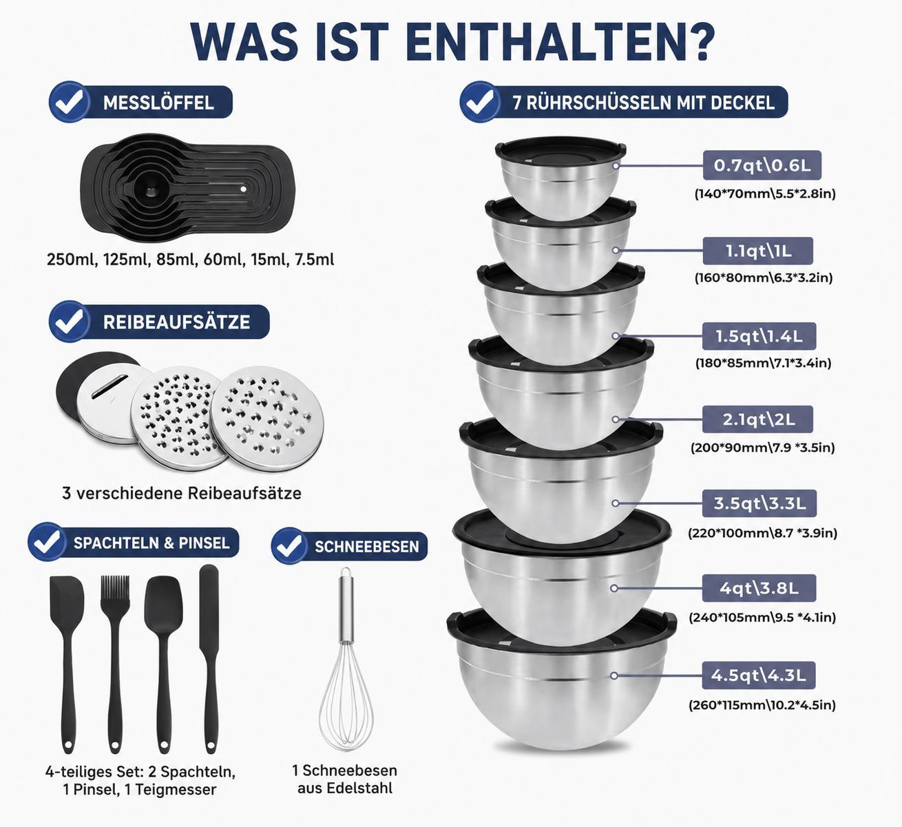 Salatschüssel Set 7 Stück Edelstahl Schüsseln mit Deckel 21 Teilig Rührschüssel Küchenschüssel Set mit Zubehör Kochschüssel YaLiva_Decor®