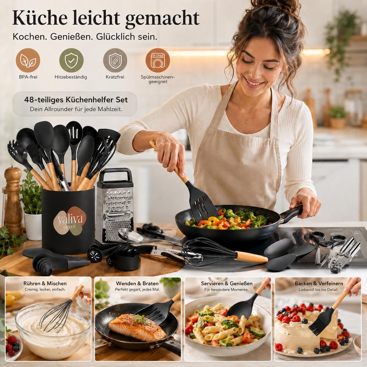 Küchenhelfer Set 48 Teilig Küchenutensilien Kochbesteck Hitzebeständig Schwarz 12 Küchenhelfer mit Reibe Schere Schneebesen YaLiva_Decor®