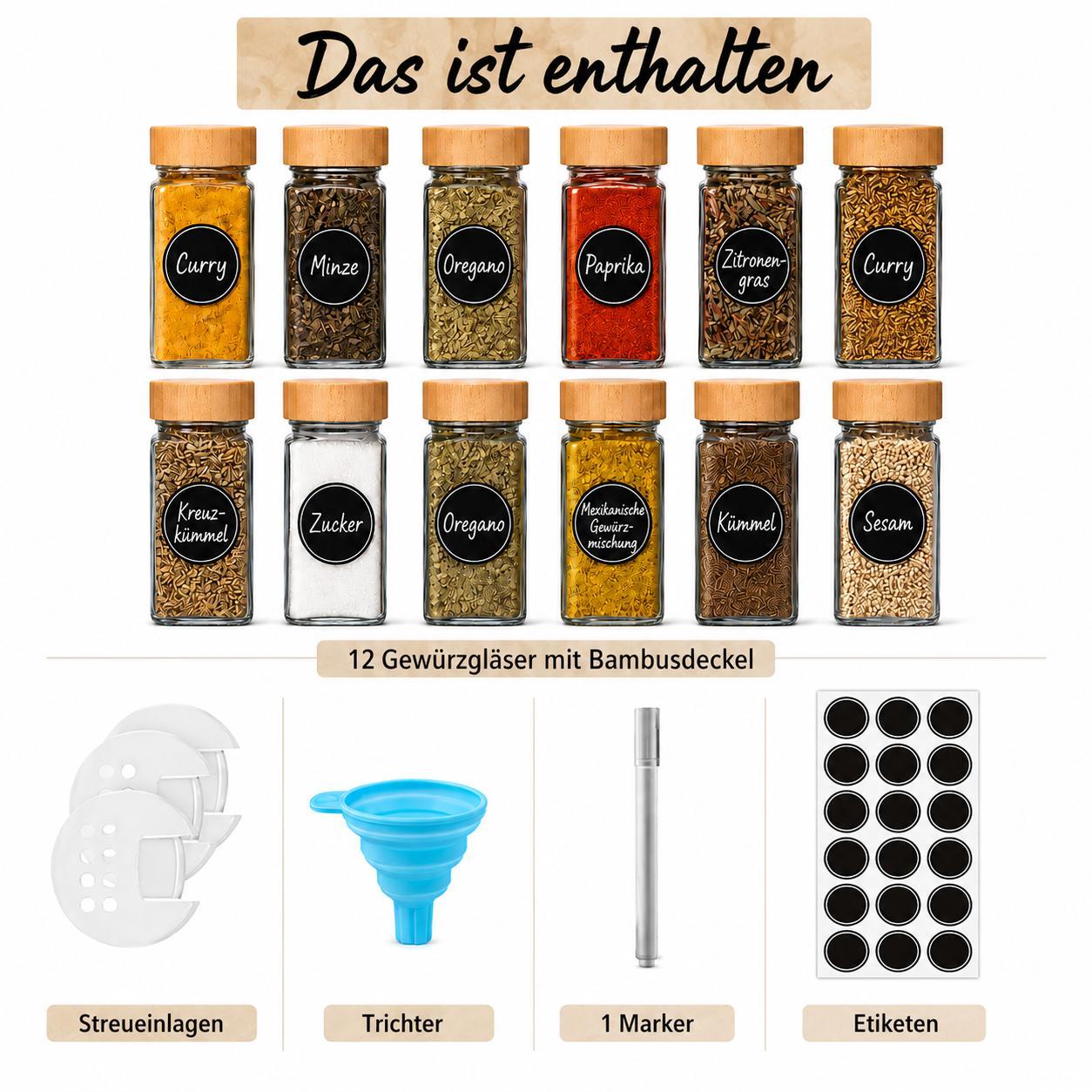 Gewürzgläser Set 12 Stück 120ml mit Deckel Gewürzbehälter Bambus Gewürzstreuer Set mit Aufklebern Marker Trichter Gewürzmühle YaLiva_Decor®