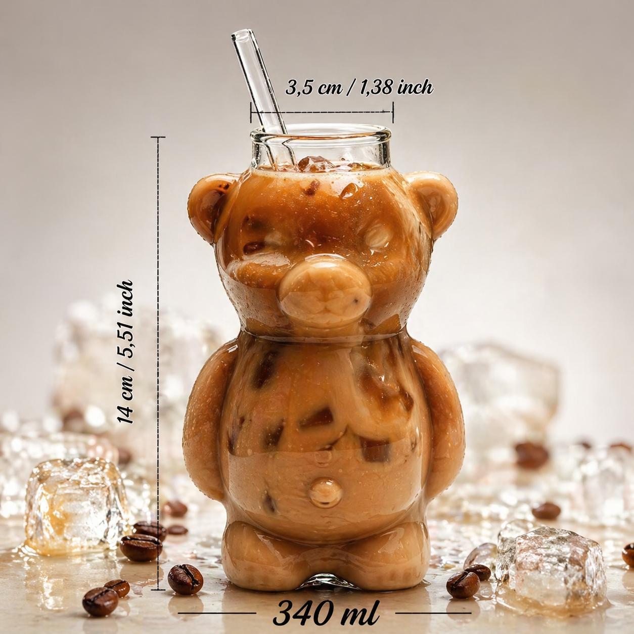 Bärenglas mit Strohhalm 340ml - Süßer Glas Becher in Bärenform - Eiskaffee Becher, Matcha Glas, Cocktailglas - Trinkglas Kawaii Design Geschenkidee