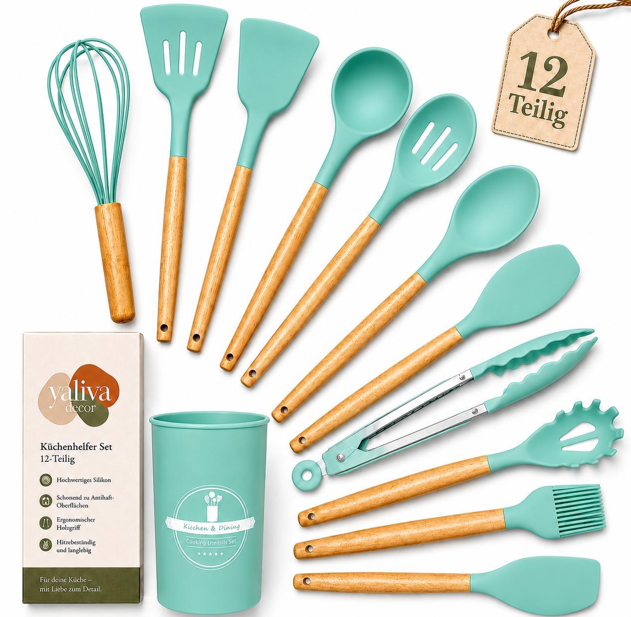 Küchenhelfer Set 12 Stück Küchenutensilien Kochbesteck Hitzebeständig Türkis 12 Teilig Küchenzubehör Spachtel Schneebesen Pinsel YaLiva_Decor®