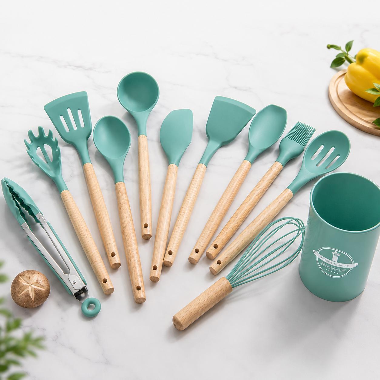 Küchenhelfer Set 12 Stück Küchenutensilien Kochbesteck Hitzebeständig Türkis 12 Teilig Küchenzubehör Spachtel Schneebesen Pinsel YaLiva_Decor®