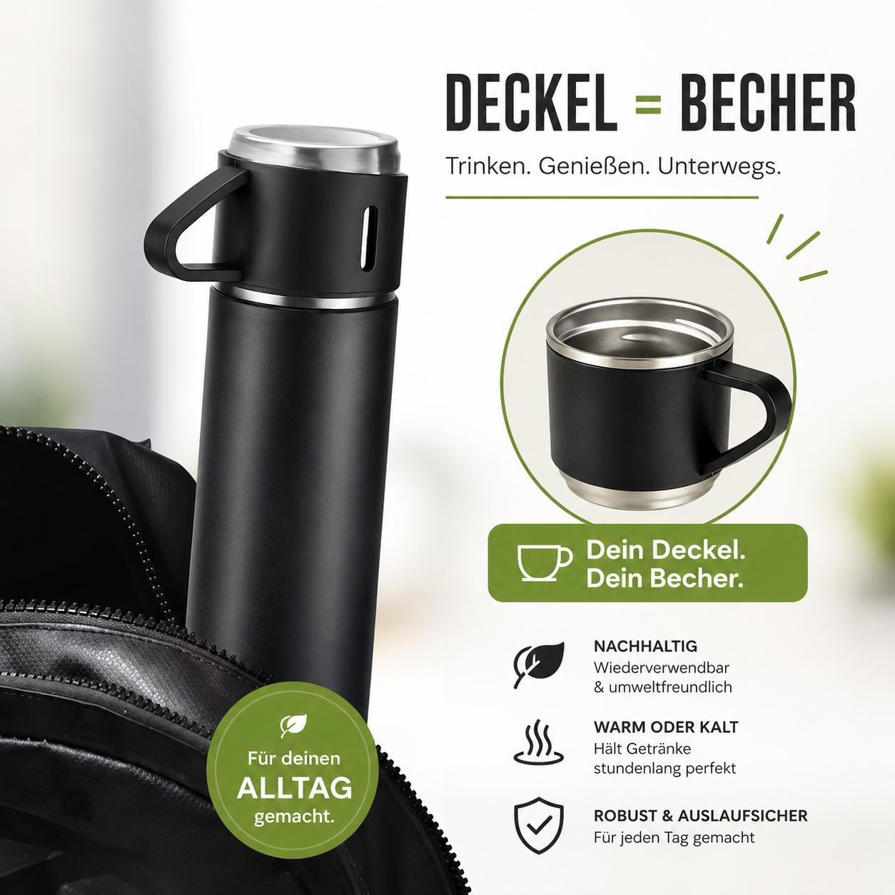 Thermosflasche Set mit Becher Thermoskanne Thermosbecher Isolierflasche Outdoor Heiß Kalt Vakuum Reisebecher 2 extra Bechern Auslaufsicher Edelstahl