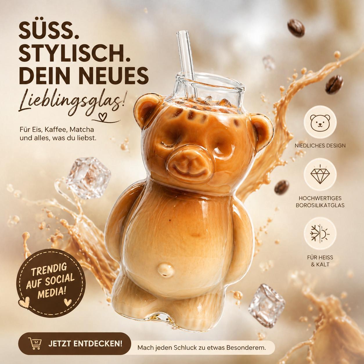 Bärenglas mit Strohhalm 340ml - Süßer Glas Becher in Bärenform - Eiskaffee Becher, Matcha Glas, Cocktailglas - Trinkglas Kawaii Design Geschenkidee