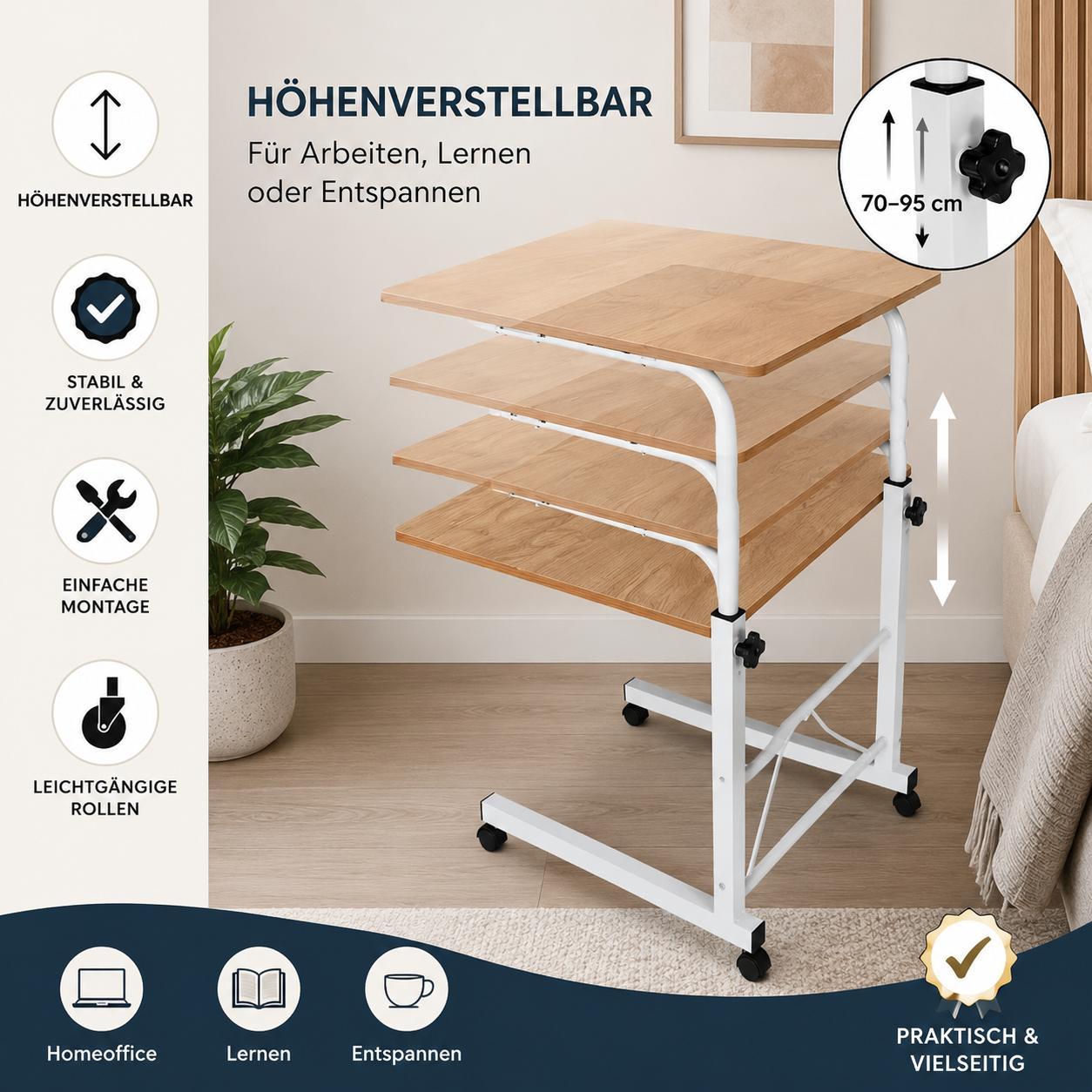 Laptoptisch Mobiler Schreibtisch Höhenverstellbar Beistelltisch 60x40cm Computertisch Notebooktisch mit Rollen Arbeitstisch Schreibtisch YaLiva_Decor®