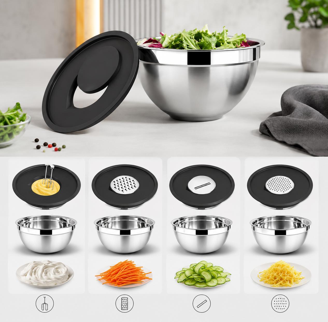 Salatschüssel Set 5 Stück Edelstahl Schüssel mit Deckel 19 Teilig Rührschüsseln Set Küchenschüsseln Schüsseln mit Zubehör YaLiva_Decor®