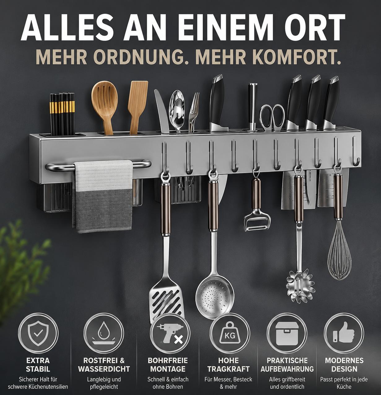 Küchenregal Gewürzregal Küchenorganizer Küchenutensilien Halter Messerhalter mit 10 Haken Wandregal Küche YaLiva_Decor®