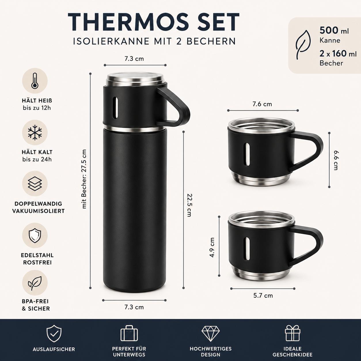 Thermosflasche Set mit Becher Thermoskanne Thermosbecher Isolierflasche Outdoor Heiß Kalt Vakuum Reisebecher 2 extra Bechern Auslaufsicher Edelstahl