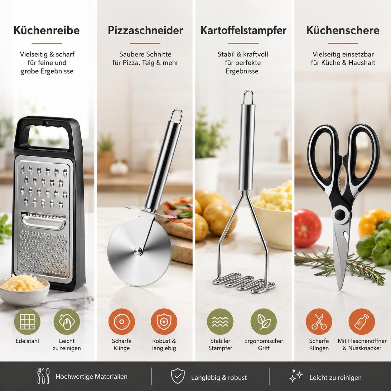 Küchenhelfer Set 48 Teilig Küchenutensilien Kochbesteck Hitzebeständig Schwarz 12 Küchenhelfer mit Reibe Schere Schneebesen YaLiva_Decor®