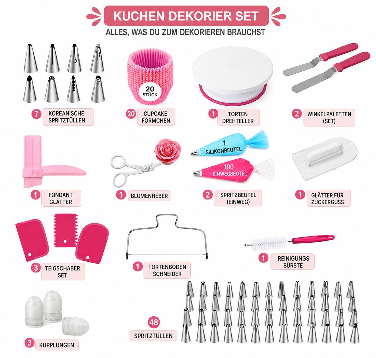 Kuchen Backset 200 Teilig Kuchenwerkzeug Set Tortenplatte Drehbar Spritzbeutel Kuchenplatte Set Kuchenzubehör Torten Backset Teigschaber YaLiva_Decor®