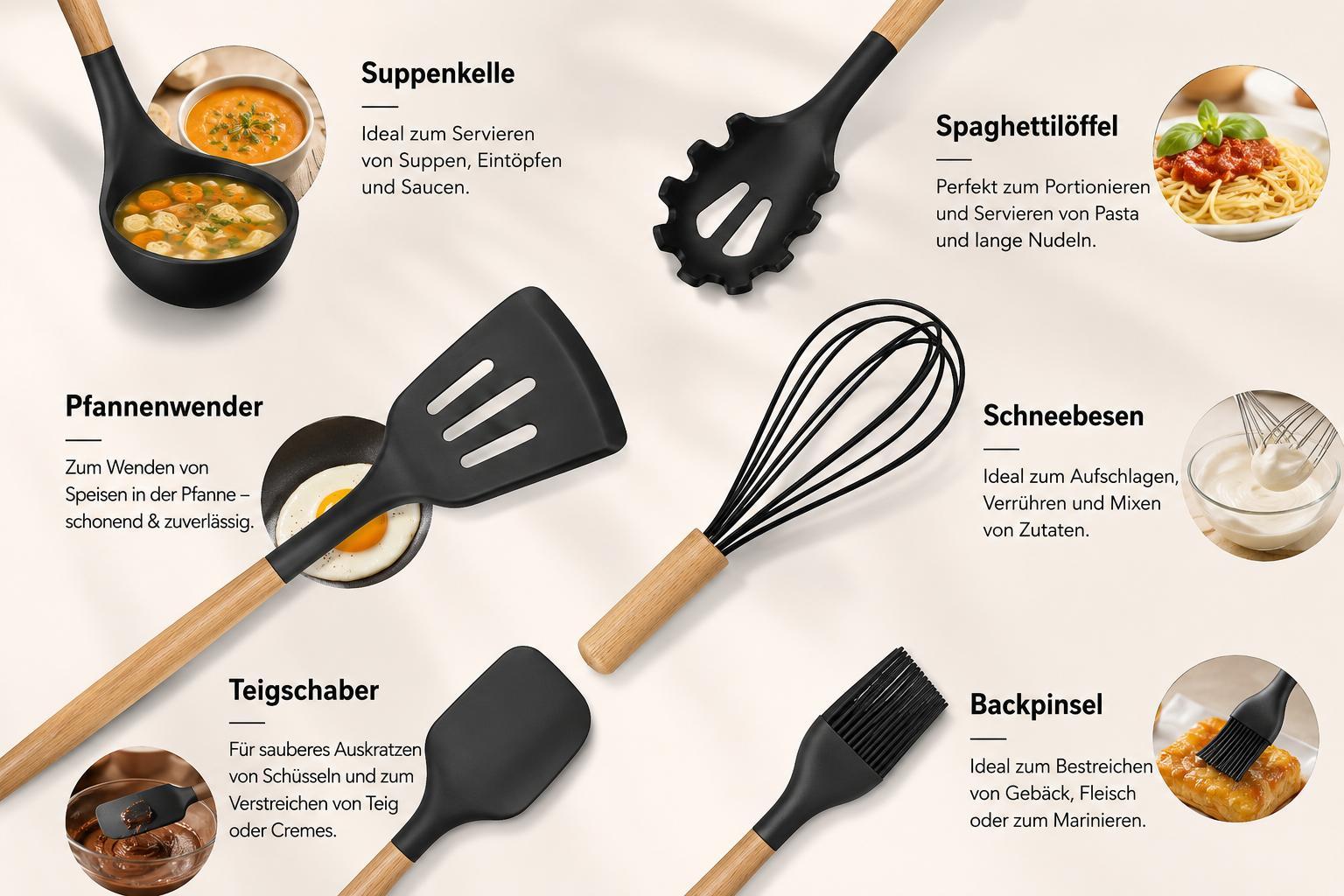 Küchenhelfer Set 48 Teilig Küchenutensilien Kochbesteck Hitzebeständig Schwarz 12 Küchenhelfer mit Reibe Schere Schneebesen YaLiva_Decor®