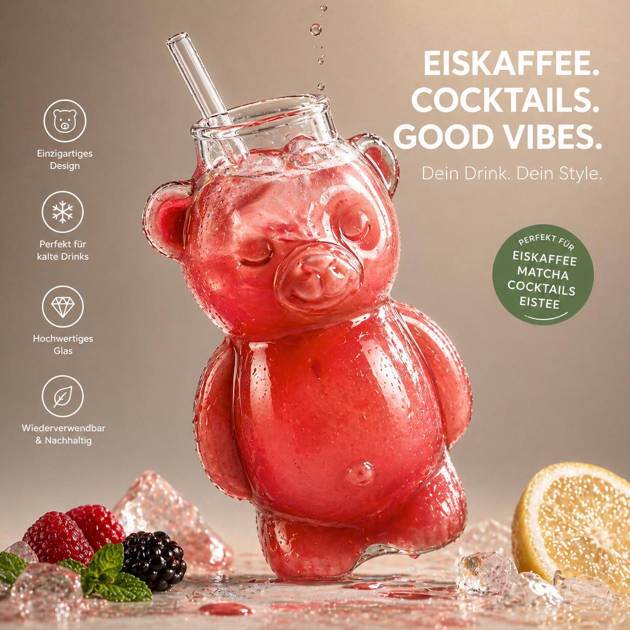 Bärenglas mit Strohhalm 340ml - Süßer Glas Becher in Bärenform - Eiskaffee Becher, Matcha Glas, Cocktailglas - Trinkglas Kawaii Design Geschenkidee