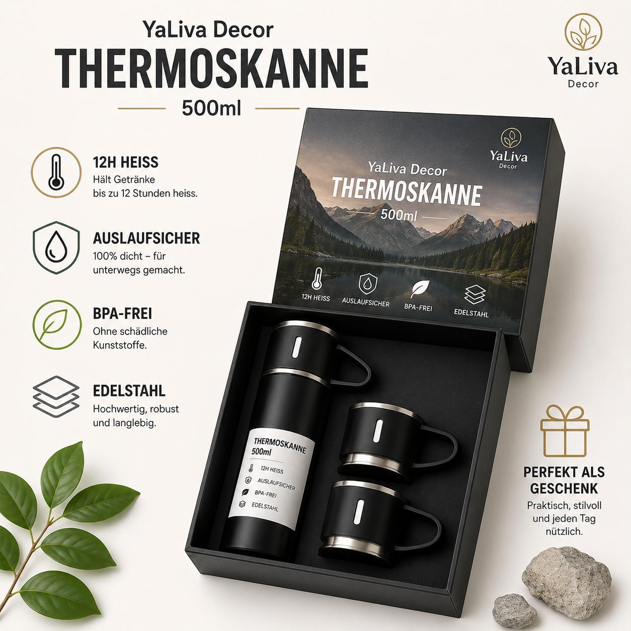 Thermosflasche Set mit Becher Thermoskanne Thermosbecher Isolierflasche Outdoor Heiß Kalt Vakuum Reisebecher 2 extra Bechern Auslaufsicher Edelstahl