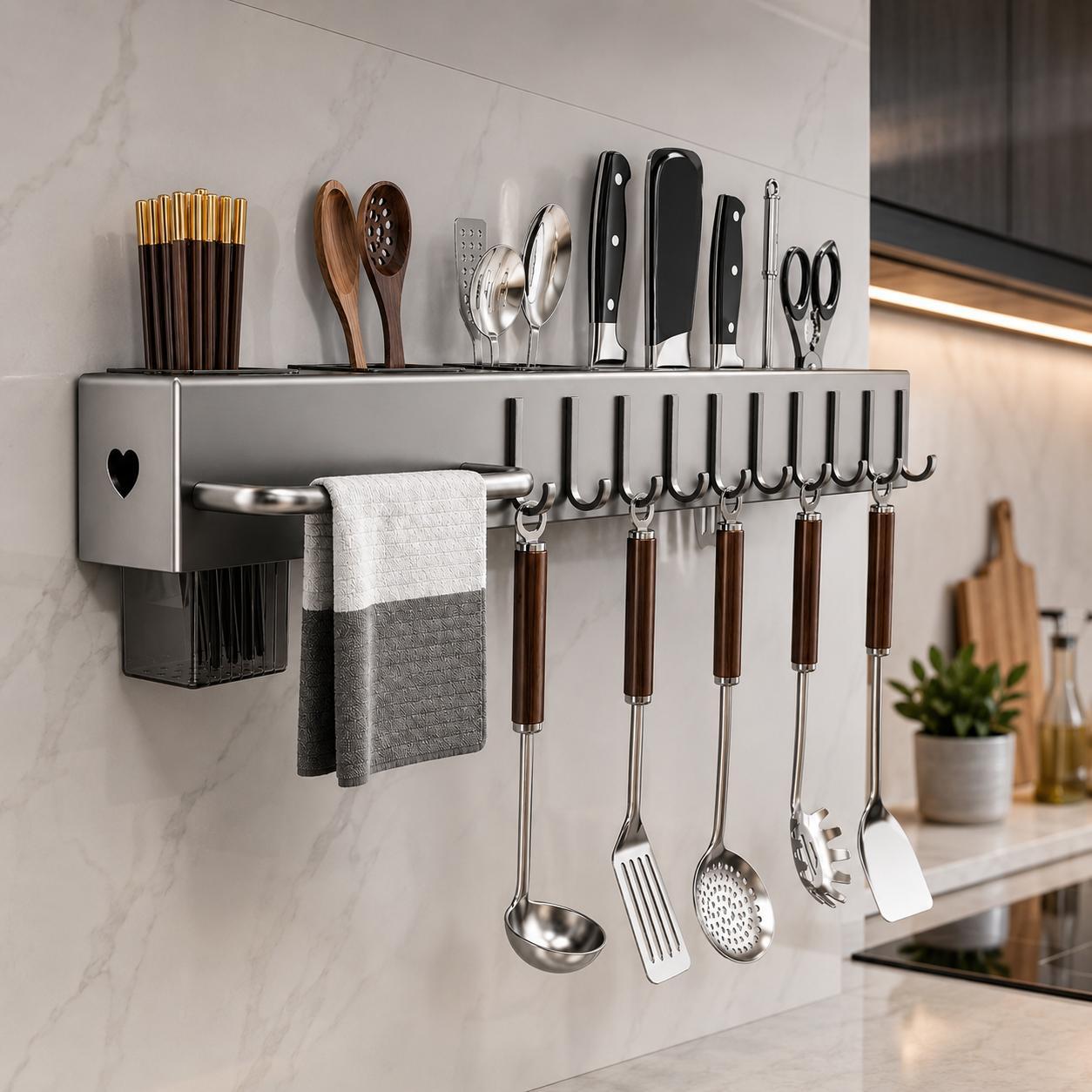 Küchenregal Gewürzregal Küchenorganizer Küchenutensilien Halter Messerhalter mit 10 Haken Wandregal Küche YaLiva_Decor®