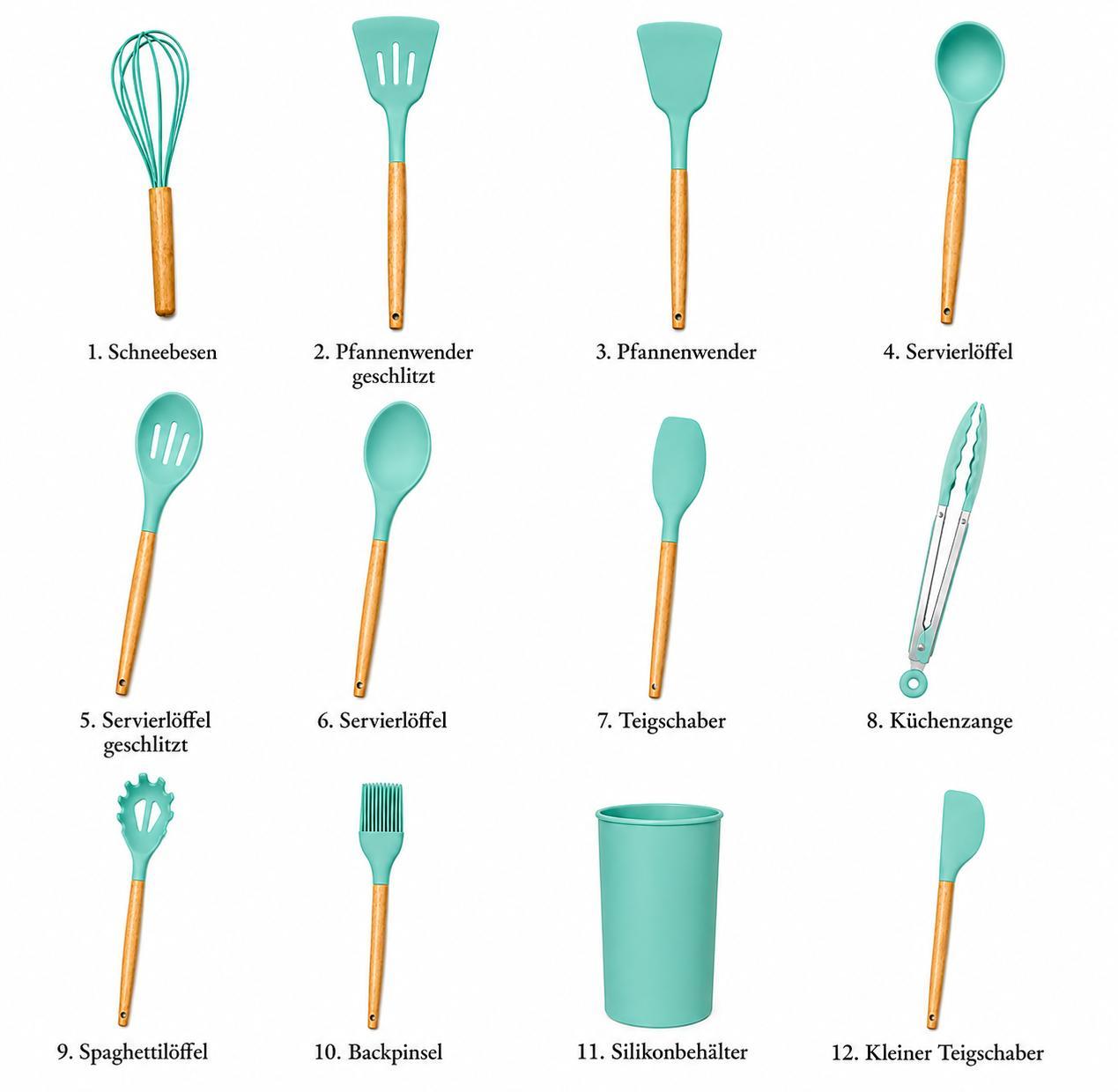 Küchenhelfer Set 12 Stück Küchenutensilien Kochbesteck Hitzebeständig Türkis 12 Teilig Küchenzubehör Spachtel Schneebesen Pinsel YaLiva_Decor®