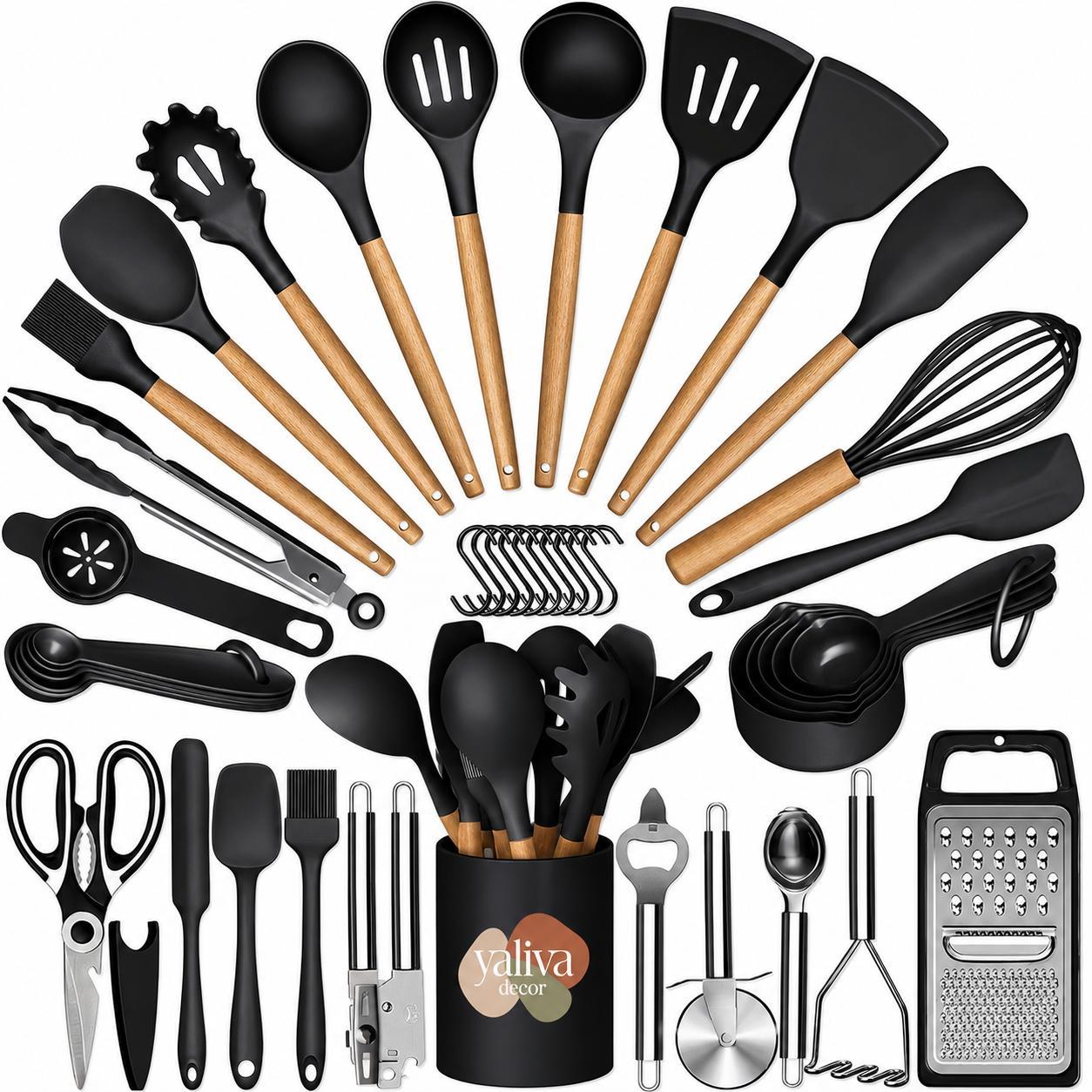 Küchenhelfer Set 48 Teilig Küchenutensilien Kochbesteck Hitzebeständig Schwarz 12 Küchenhelfer mit Reibe Schere Schneebesen YaLiva_Decor®