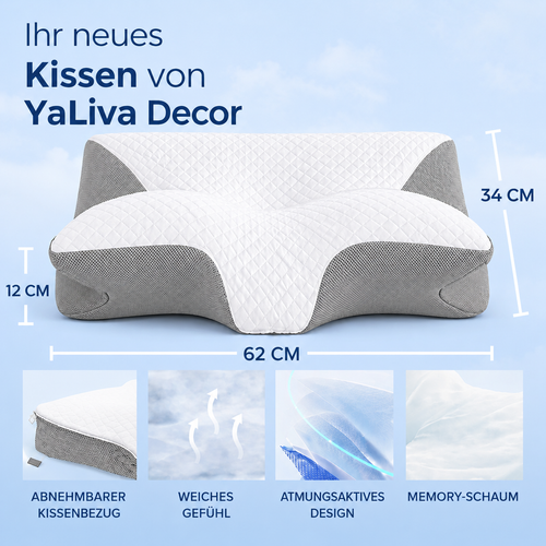 2 Stück Nackenkissen Kopfkissen Ergonomisches Orthopädisches Kissen Gegen Nackenschmerzen Memory Foam Kissen Seitenschläfer Grau YaLiva_Decor®