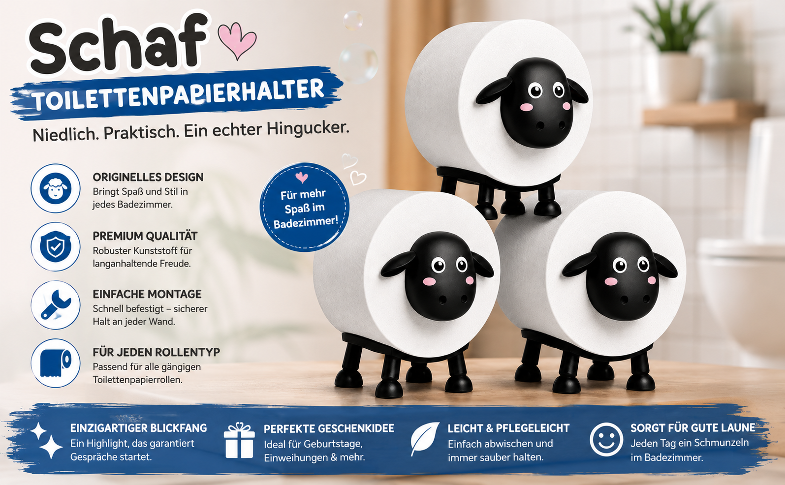 WC Rollenhalter Schaf Lustiger Toilettenpapierhalter 3 Stück für Bad & Gäste-WC | Deko-Rollenständer für 3 Rollen - Kreativer Papierhalter Schwarz