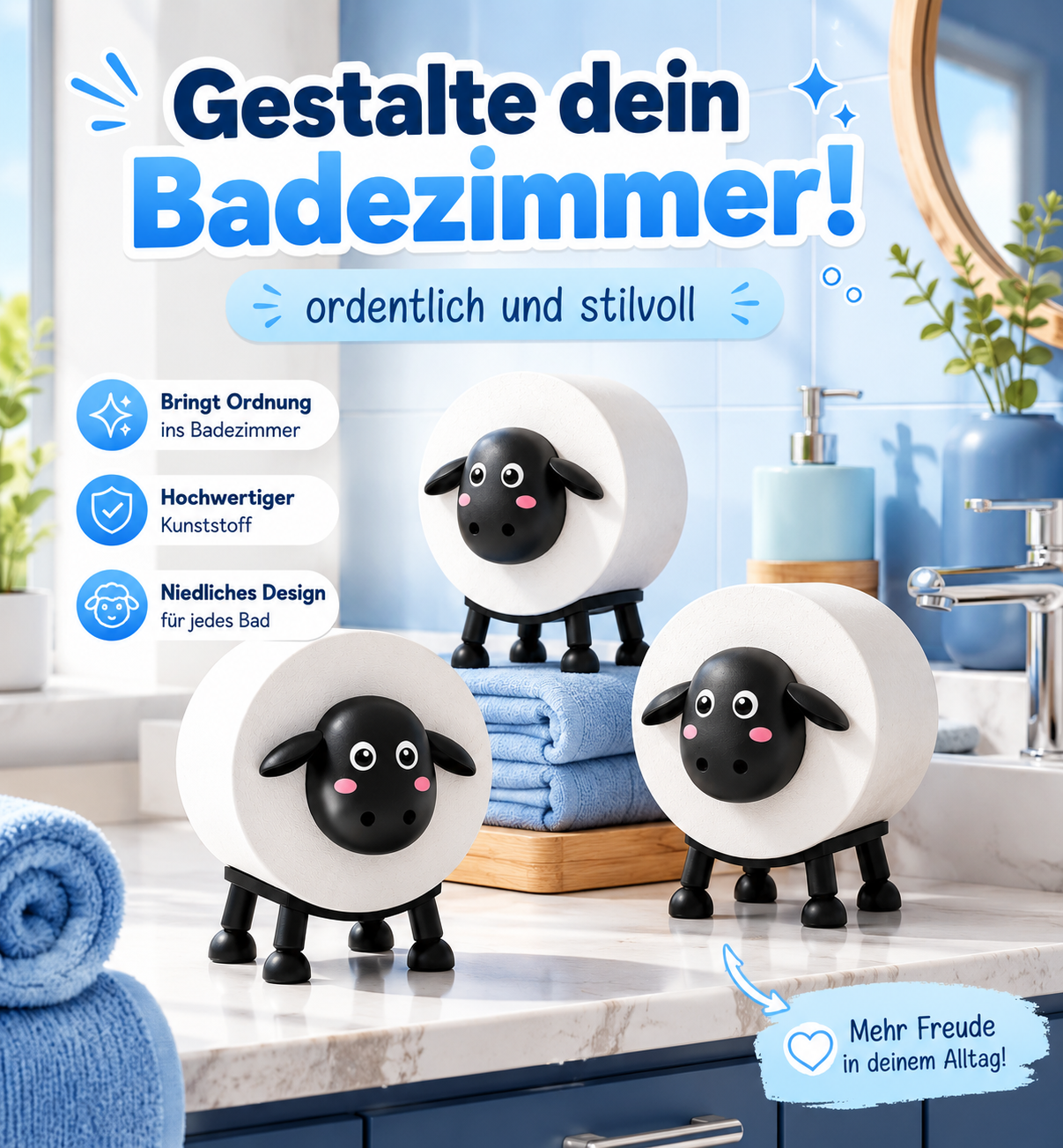 WC Rollenhalter Schaf Lustiger Toilettenpapierhalter 3 Stück für Bad & Gäste-WC | Deko-Rollenständer für 3 Rollen - Kreativer Papierhalter Schwarz