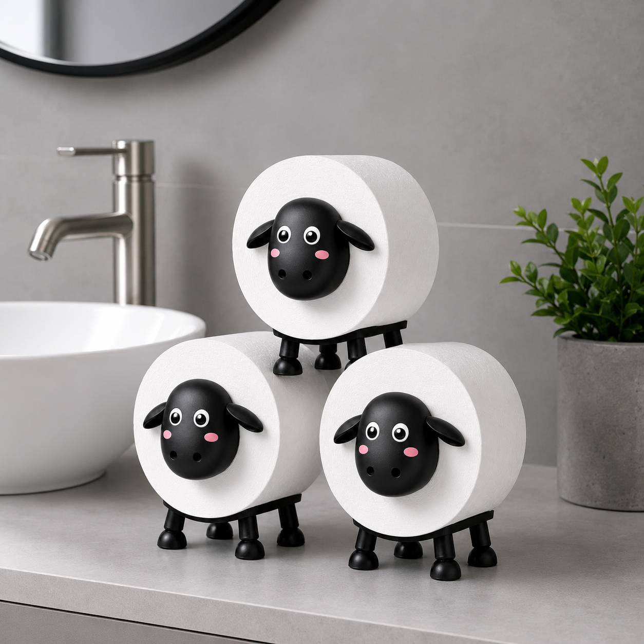 WC Rollenhalter Schaf Lustiger Toilettenpapierhalter 3 Stück für Bad & Gäste-WC | Deko-Rollenständer für 3 Rollen - Kreativer Papierhalter Schwarz