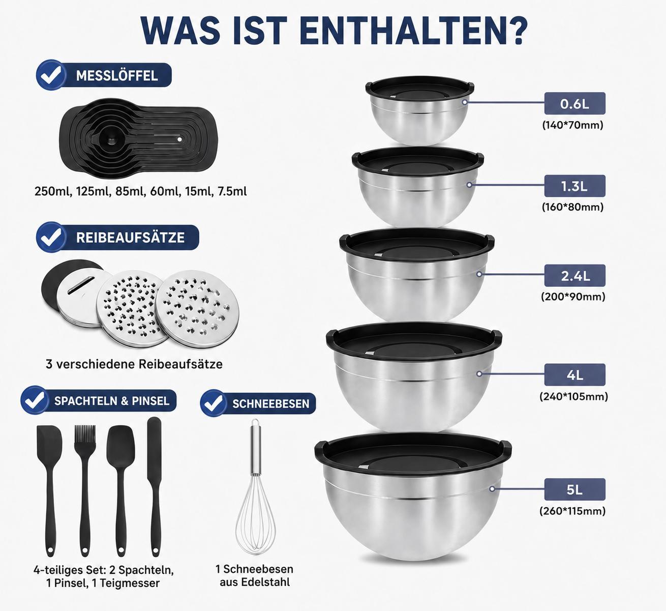 Salatschüssel Set 5 Stück Edelstahl Schüssel mit Deckel 19 Teilig Rührschüsseln Set Küchenschüsseln Schüsseln mit Zubehör YaLiva_Decor®
