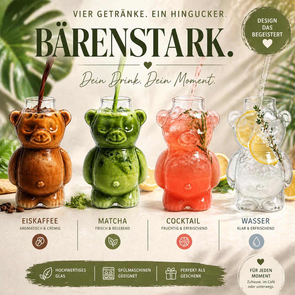 Bärenglas mit Strohhalm 340ml - Süßer Glas Becher in Bärenform - Eiskaffee Becher, Matcha Glas, Cocktailglas - Trinkglas Kawaii Design Geschenkidee