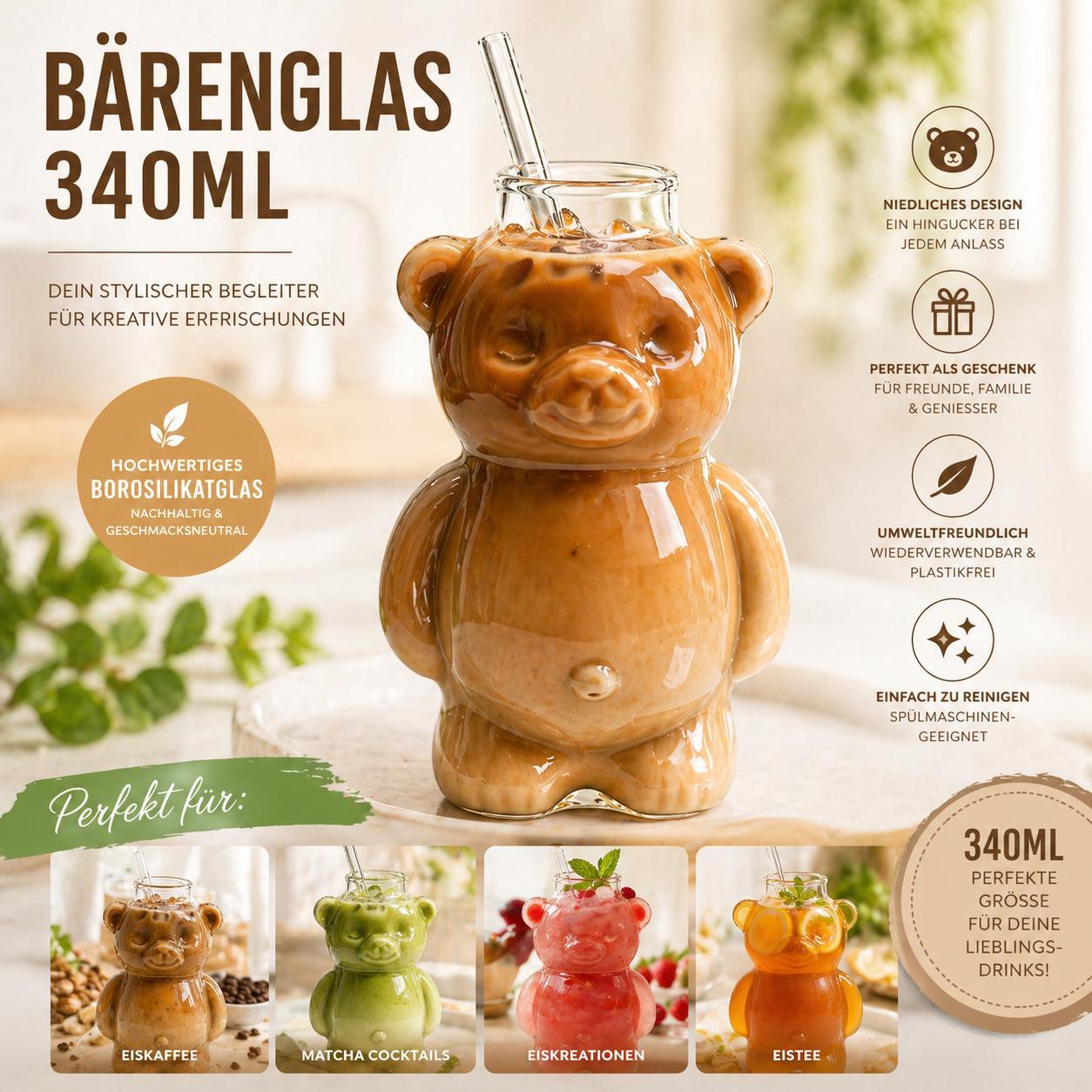 Bärenglas mit Strohhalm 340ml - Süßer Glas Becher in Bärenform - Eiskaffee Becher, Matcha Glas, Cocktailglas - Trinkglas Kawaii Design Geschenkidee
