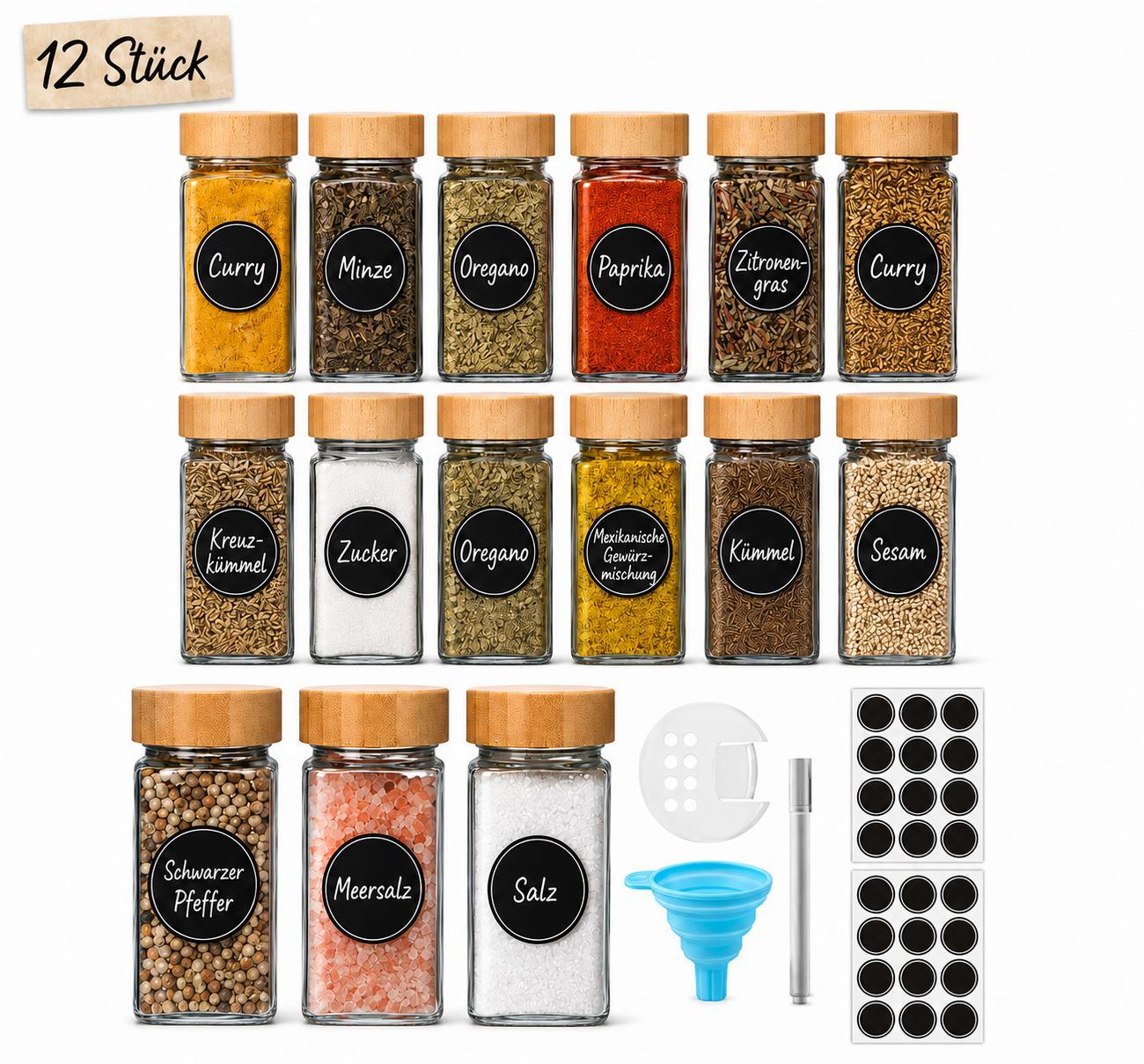 Gewürzgläser Set 12 Stück 120ml mit Deckel Gewürzbehälter Bambus Gewürzstreuer Set mit Aufklebern Marker Trichter Gewürzmühle YaLiva_Decor®