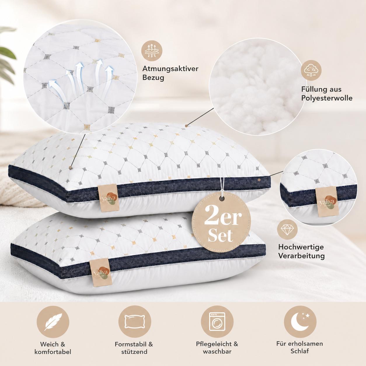 Kopfkissen Set 2 Stück Dreifach Gefüllt Schlafkissen Atmungsaktiv Weiches Kissen 2er Set Komfortkissen Seitenschläfer Bauchschläfer YaLiva_Decor®