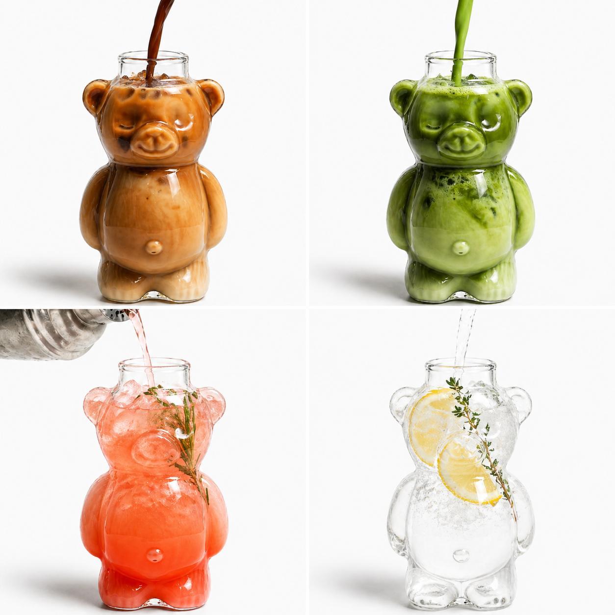 Bärenglas mit Strohhalm 340ml - Süßer Glas Becher in Bärenform - Eiskaffee Becher, Matcha Glas, Cocktailglas - Trinkglas Kawaii Design Geschenkidee