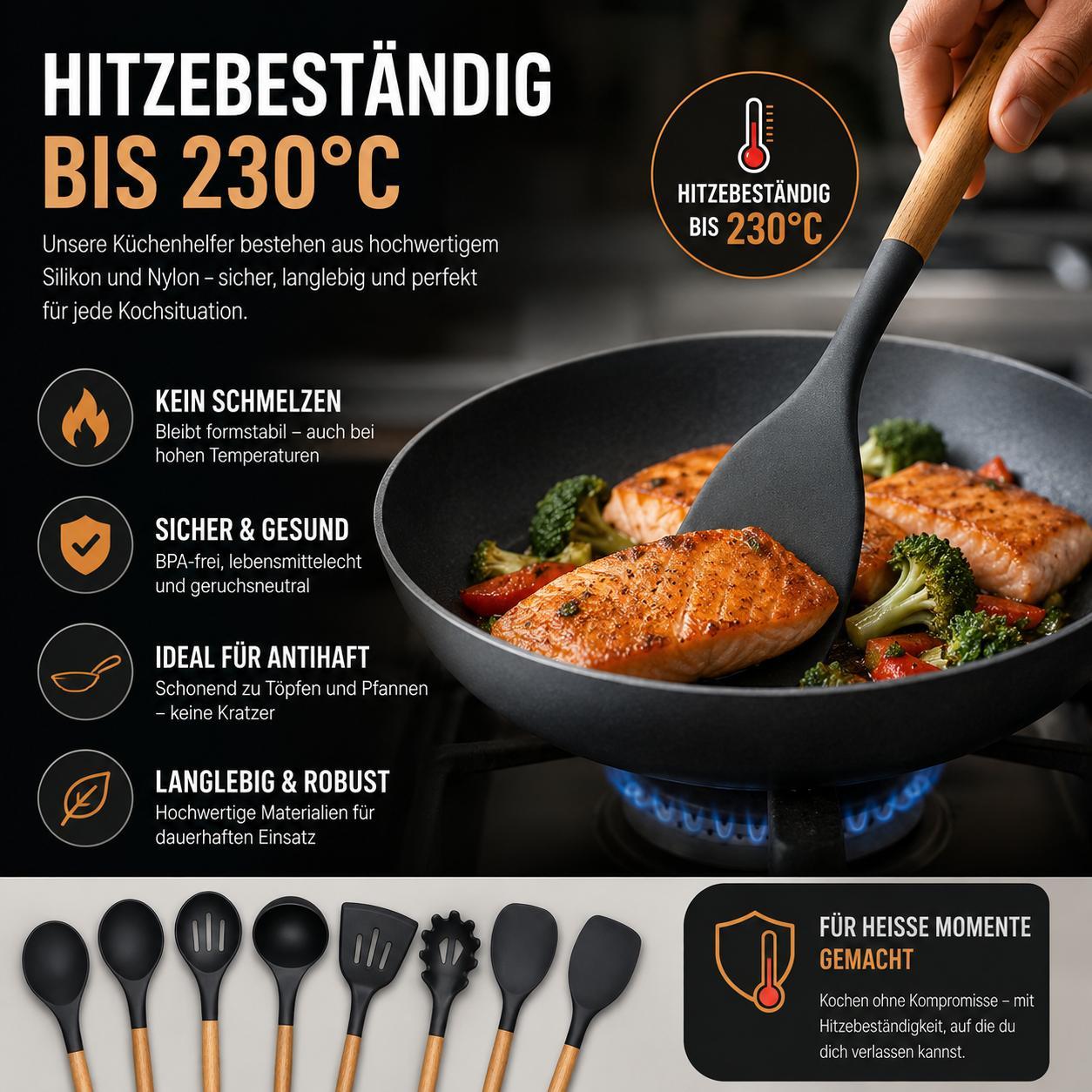 Küchenhelfer Set 48 Teilig Küchenutensilien Kochbesteck Hitzebeständig Schwarz 12 Küchenhelfer mit Reibe Schere Schneebesen YaLiva_Decor®