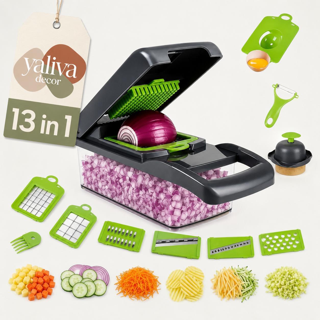 Gemüseschneider Gemüsehobel Würfelschneider Gemüsehacker 13 in 1 Gurkenschneider Kartoffelschneider Küchenhelfer Obstschneider YaLiva_Decor®