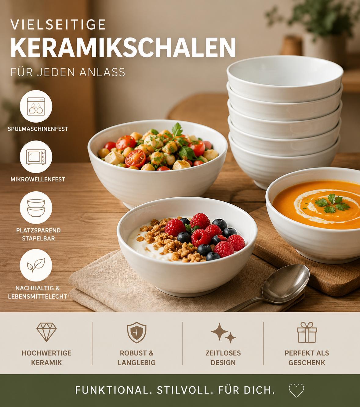 Schüssel Set 6 Stück Keramik Schüsseln 350 ml Schalen Dessertschalen 6er Set Müslischalen Suppenschalen Obstschalen Geschirr Set YaLiva_Decor®
