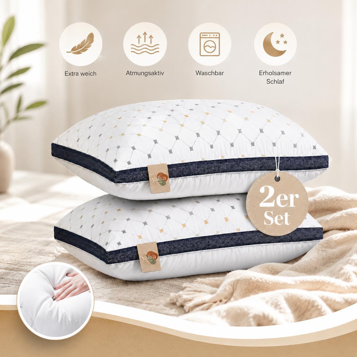 Kopfkissen Set 2 Stück Dreifach Gefüllt Schlafkissen Atmungsaktiv Weiches Kissen 2er Set Komfortkissen Seitenschläfer Bauchschläfer YaLiva_Decor®